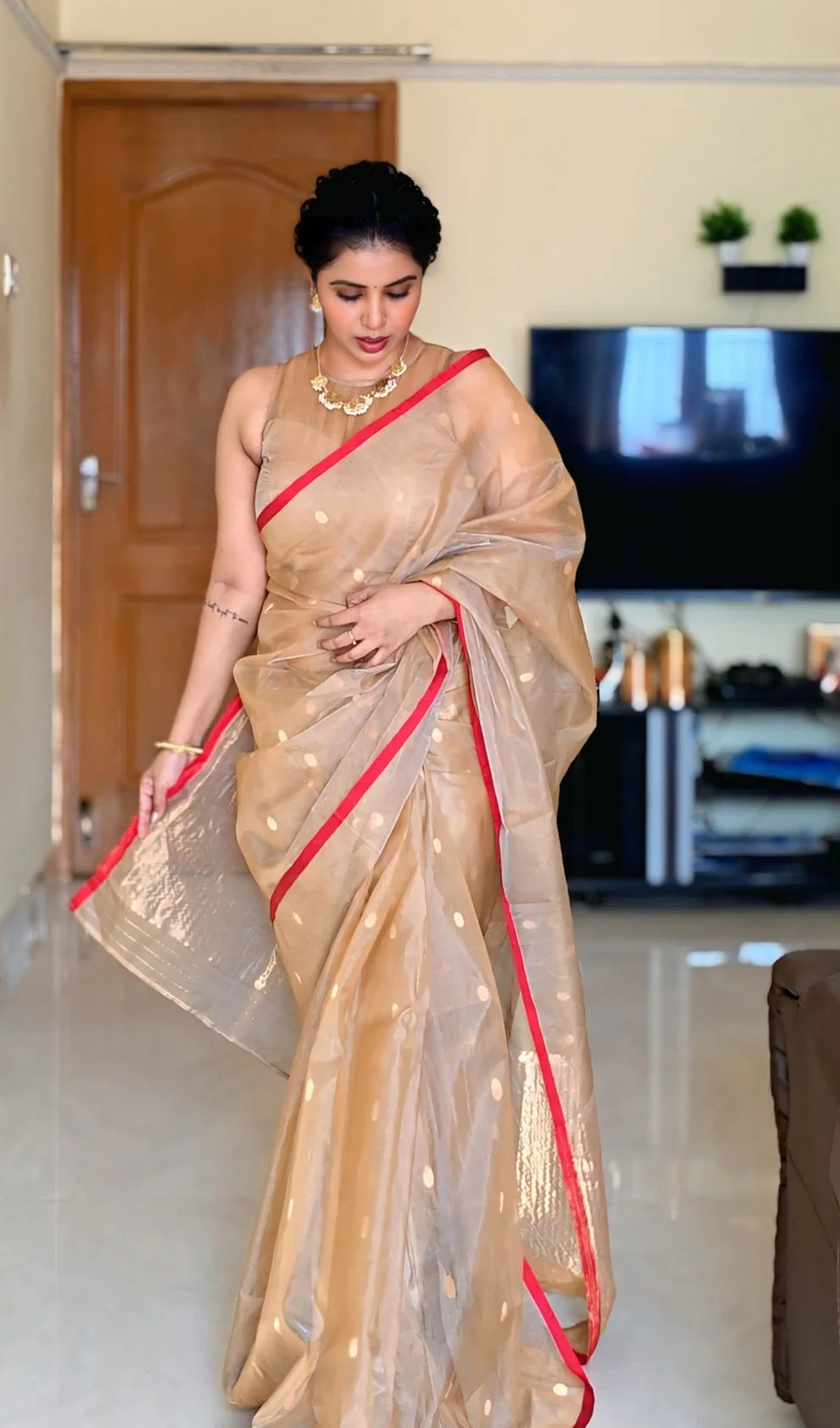 Royal Chanderi Silk Saree with Gold Zari Bootis