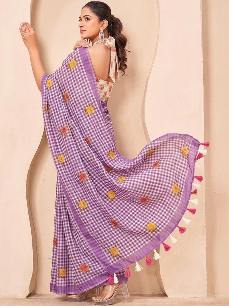 Silk  Floral Checked Woven Design Border Saree