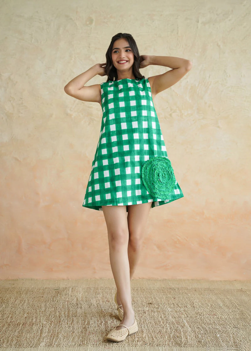 Noor Emerald Checks Cotton Mini Dress