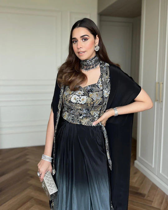 Chinon Black Embroidered Dhoti Skirt Set