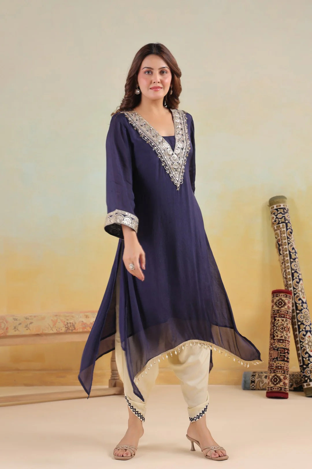 Chinon Embroidered Kurta Pant Set