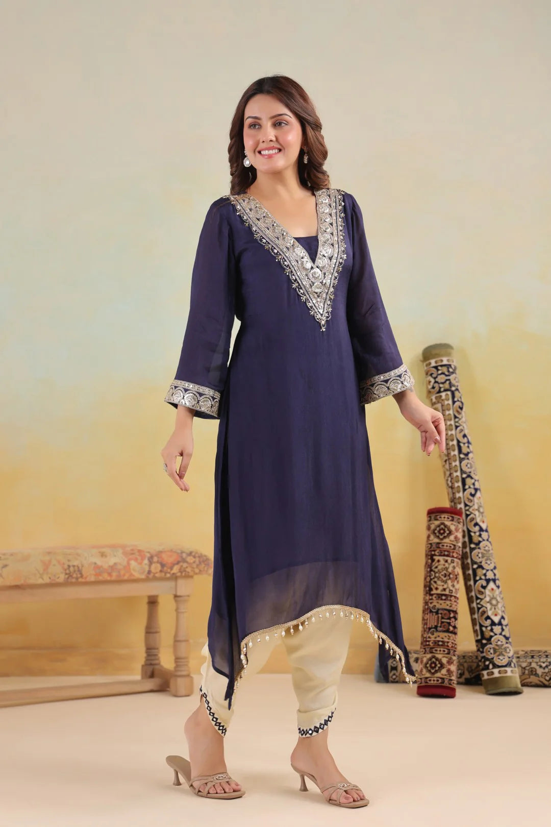 Chinon Embroidered Kurta Pant Set
