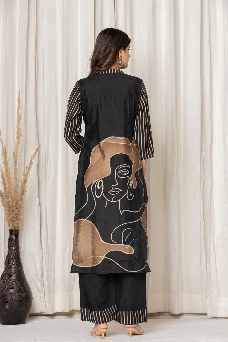 Chinon Silk Black Printed Kurta Set