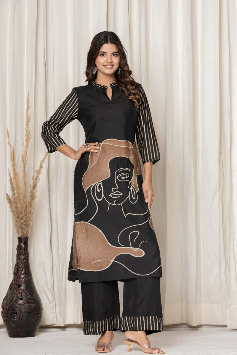 Chinon Silk Black Printed Kurta Set