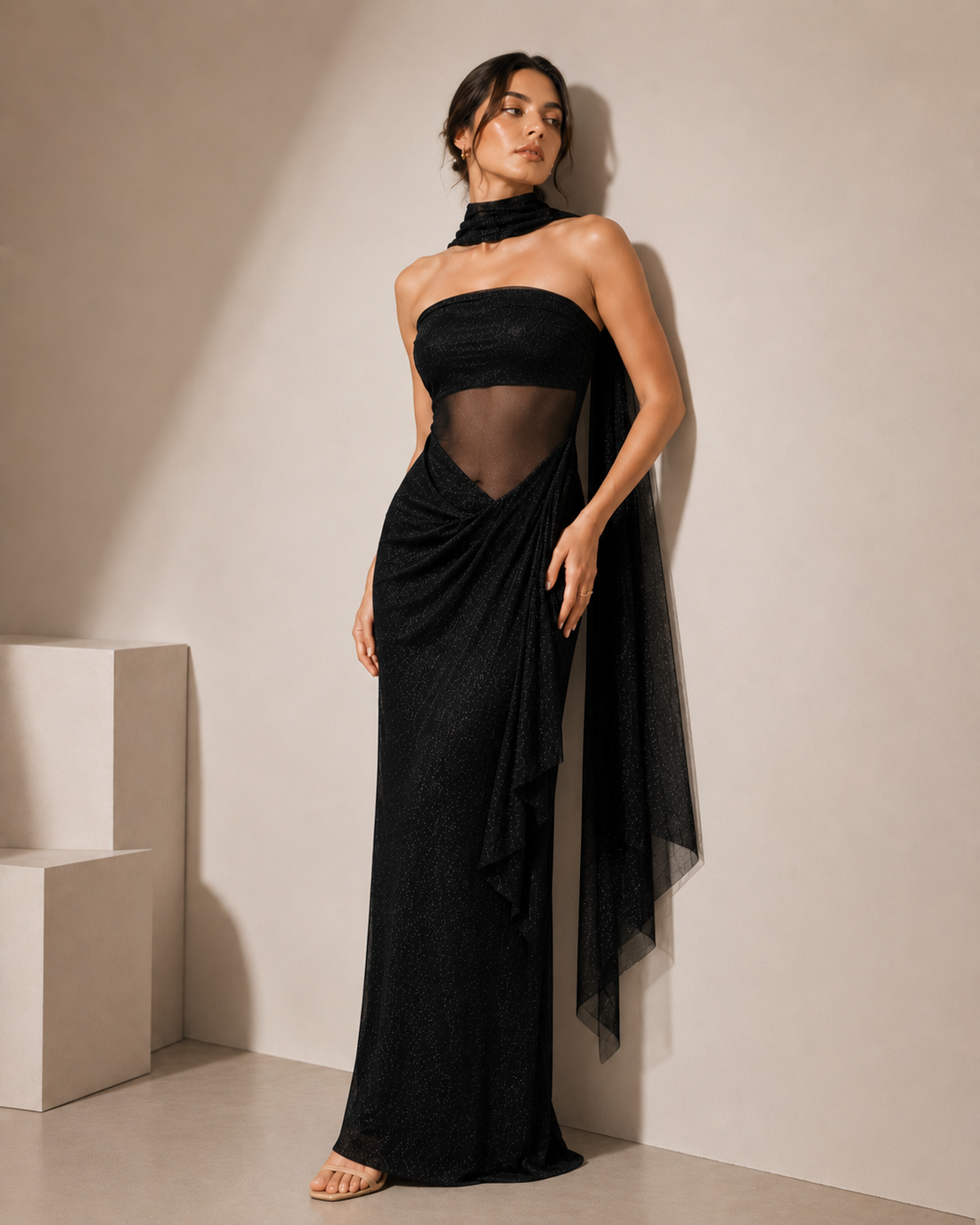 Midnight Veil Black Draped Scarf Maxi Dress for Women