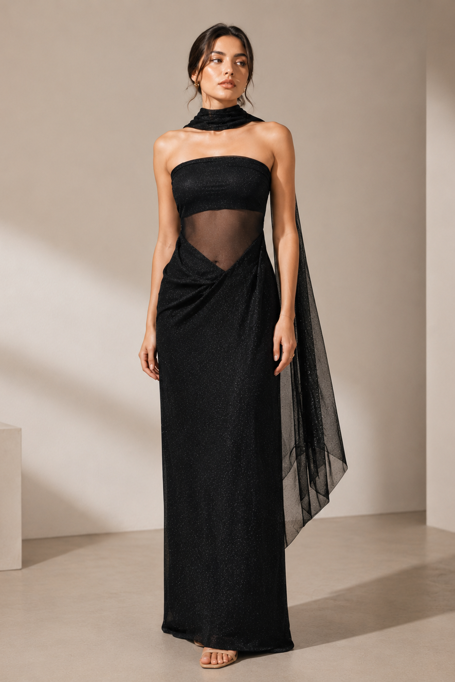 Midnight Veil Black Draped Scarf Maxi Dress for Women