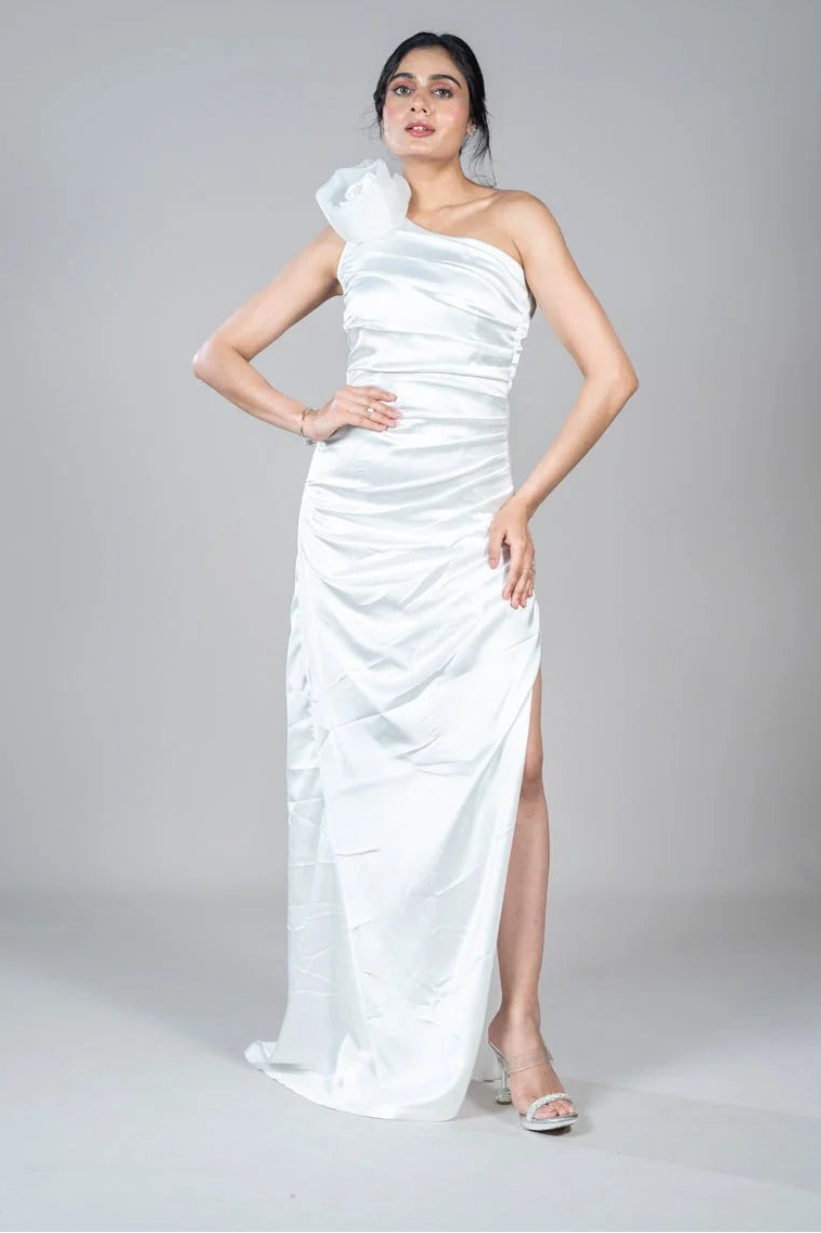 Ivory Muse One-Shoulder Ruched Maxi Dress
