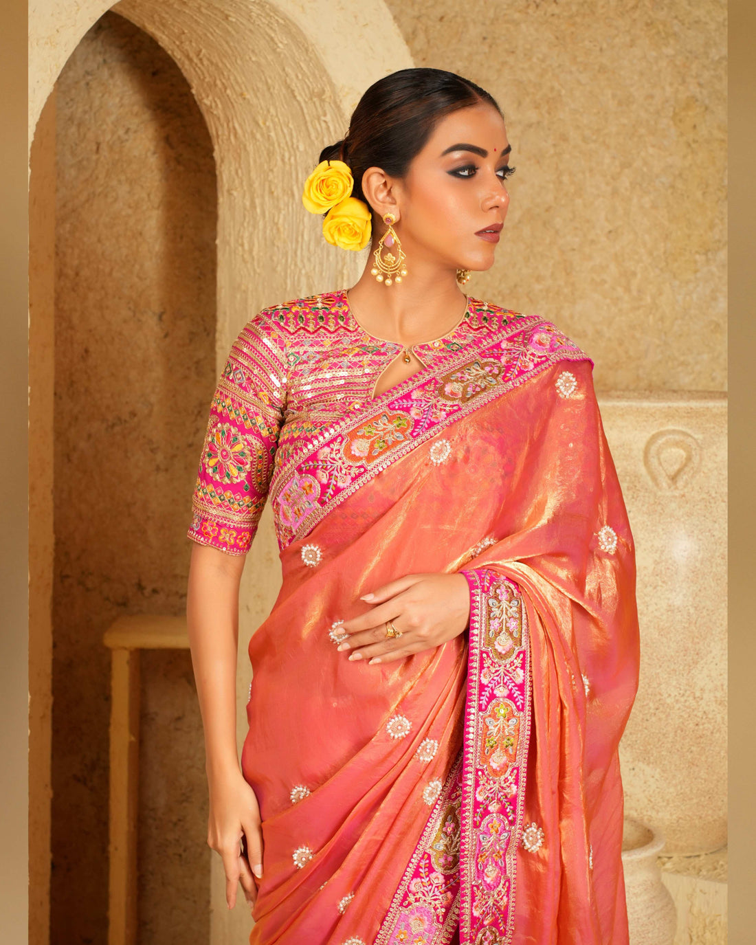 Coral Charisma Saree With Raspberry Romance Blouse