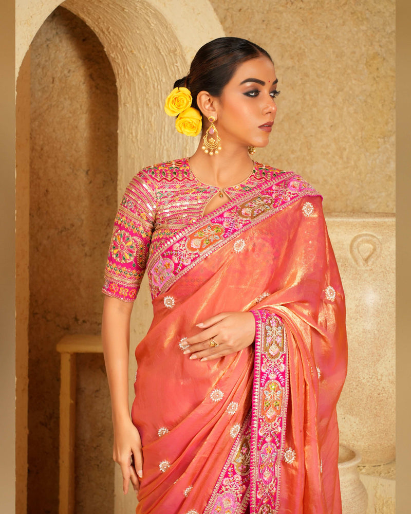 Coral Charisma Saree With Raspberry Romance Blouse