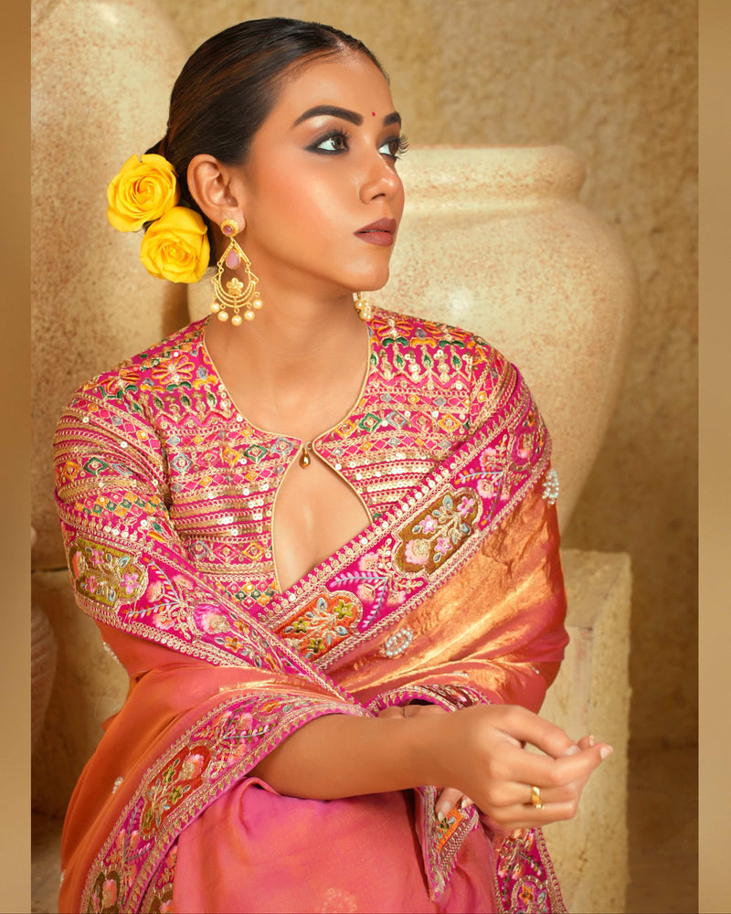 Coral Charisma Saree With Raspberry Romance Blouse