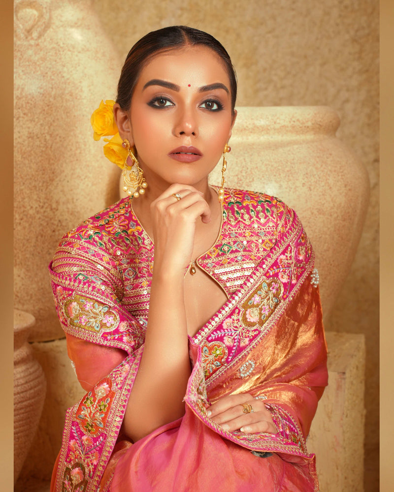Coral Charisma Saree With Raspberry Romance Blouse