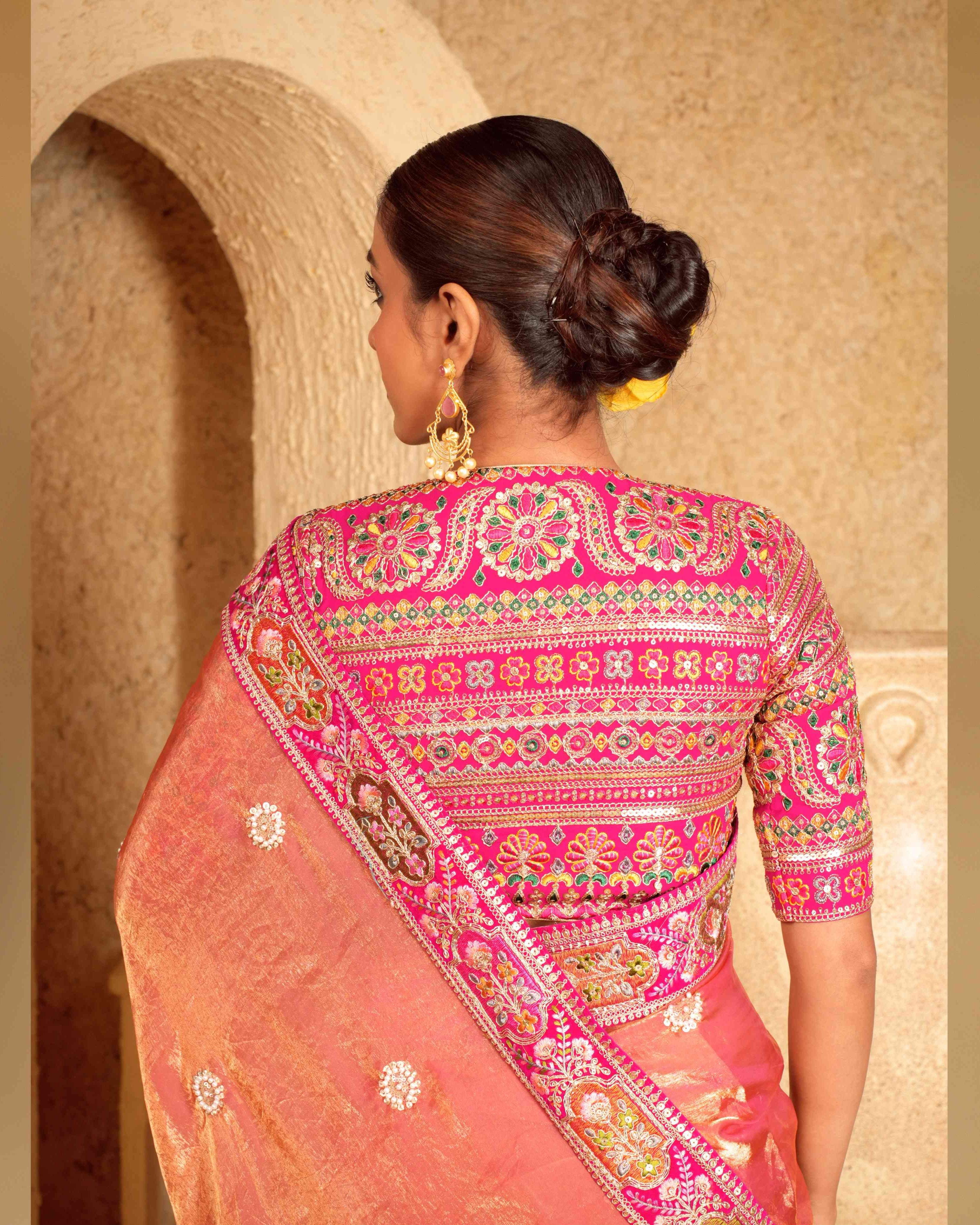 Coral Charisma Saree With Raspberry Romance Blouse