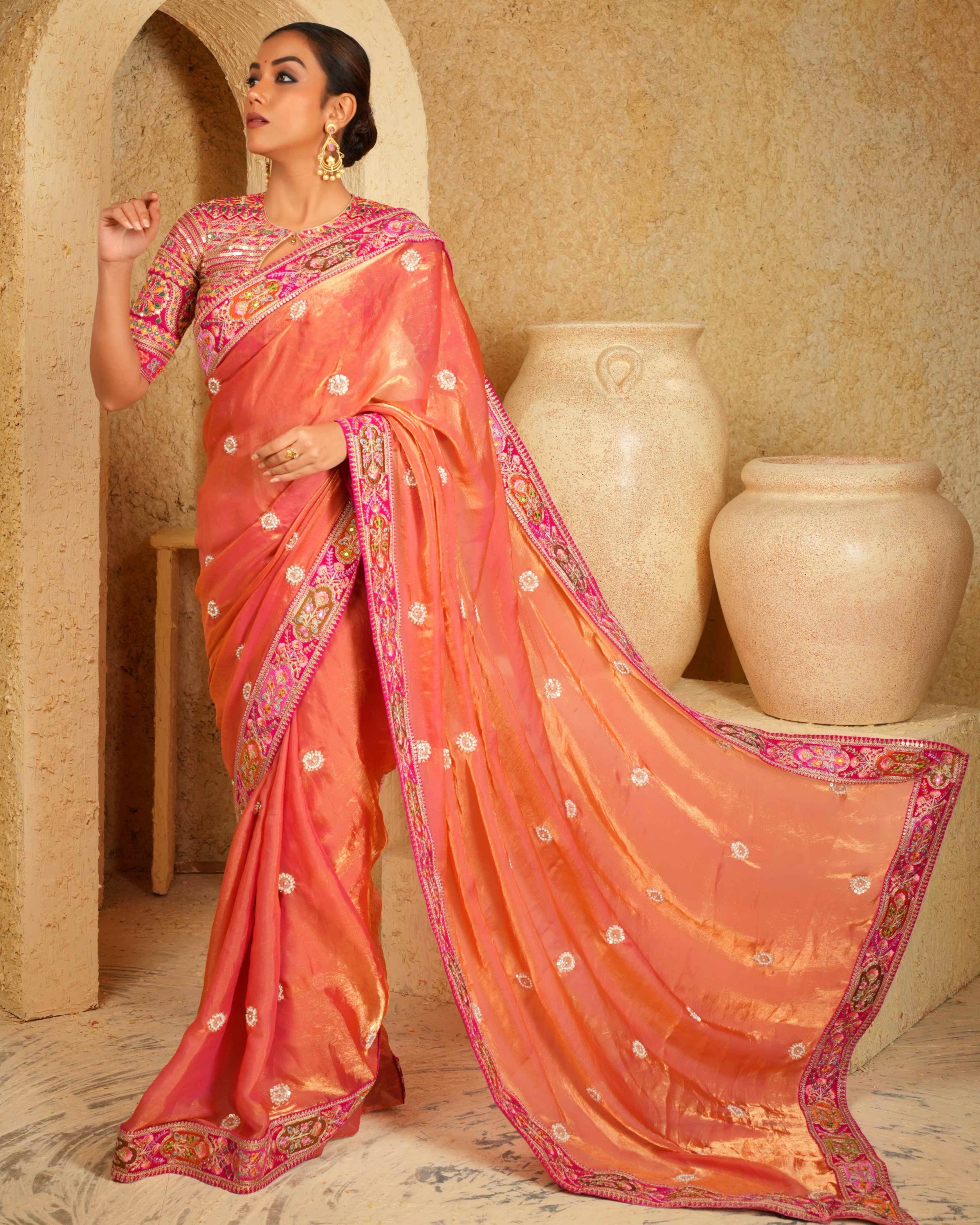 Coral Charisma Saree With Raspberry Romance Blouse