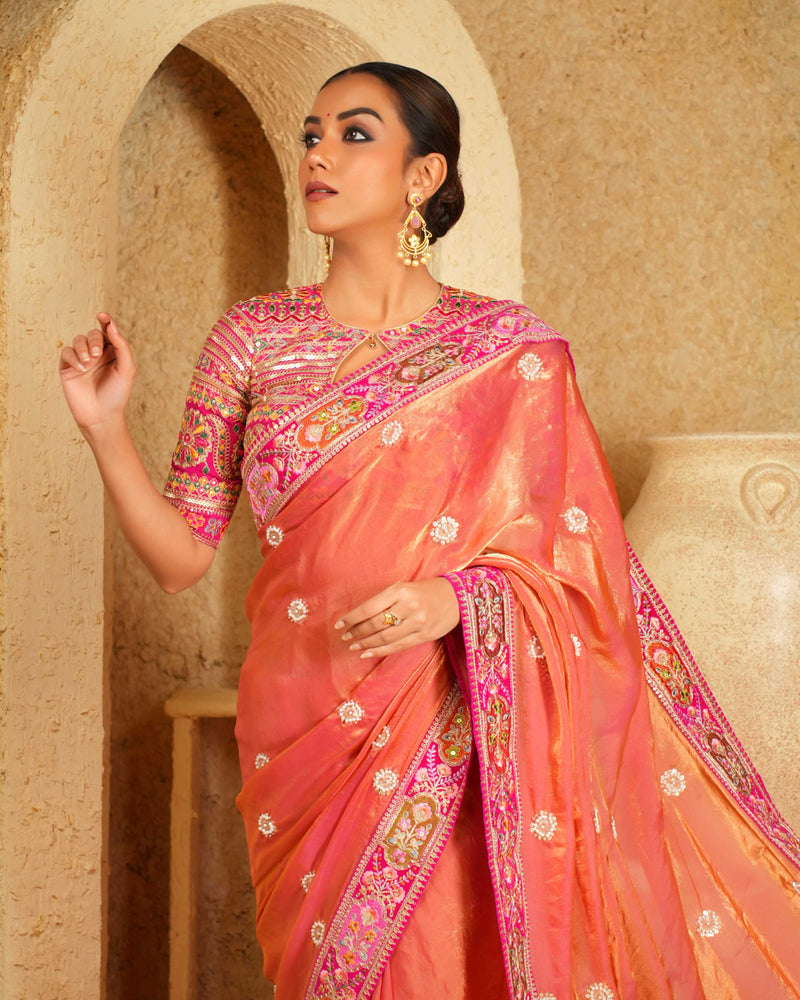 Coral Charisma Saree With Raspberry Romance Blouse
