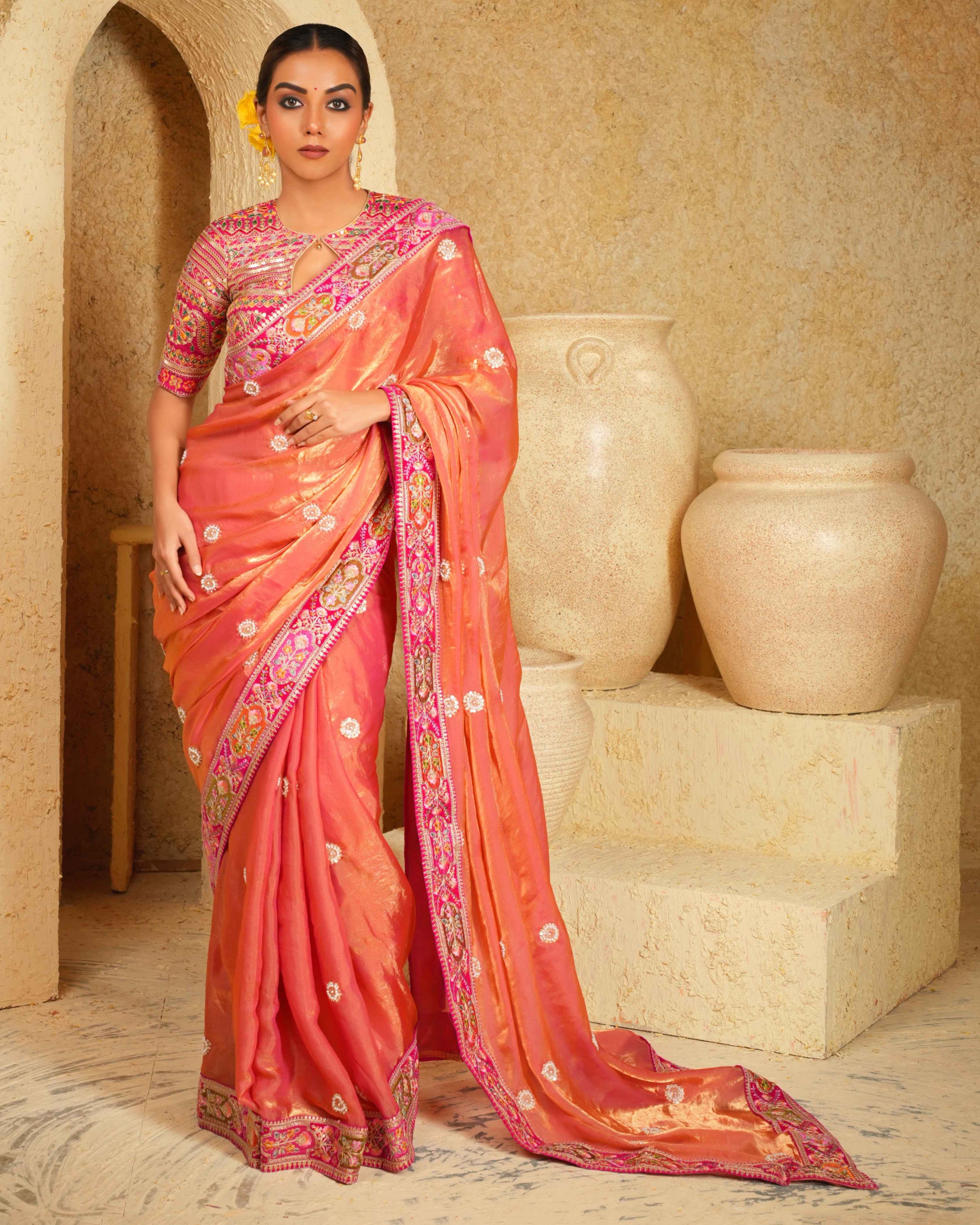 Coral Charisma Saree With Raspberry Romance Blouse