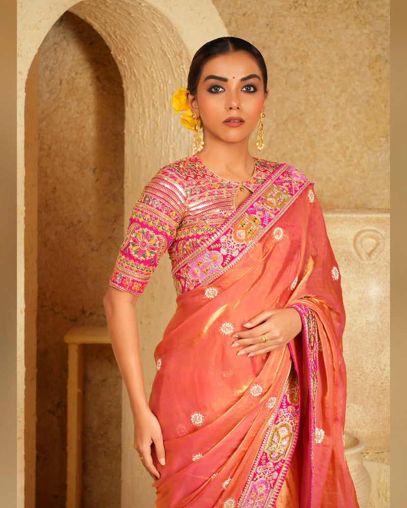 Coral Charisma Saree With Raspberry Romance Blouse