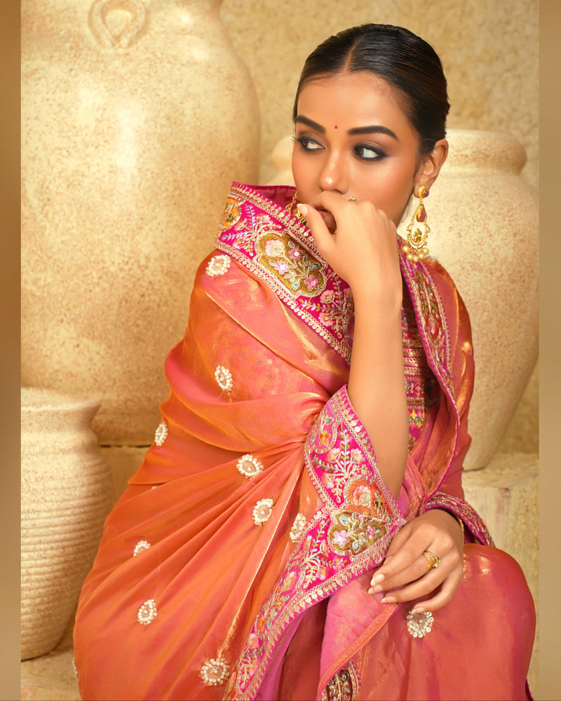 Coral Charisma Saree With Raspberry Romance Blouse