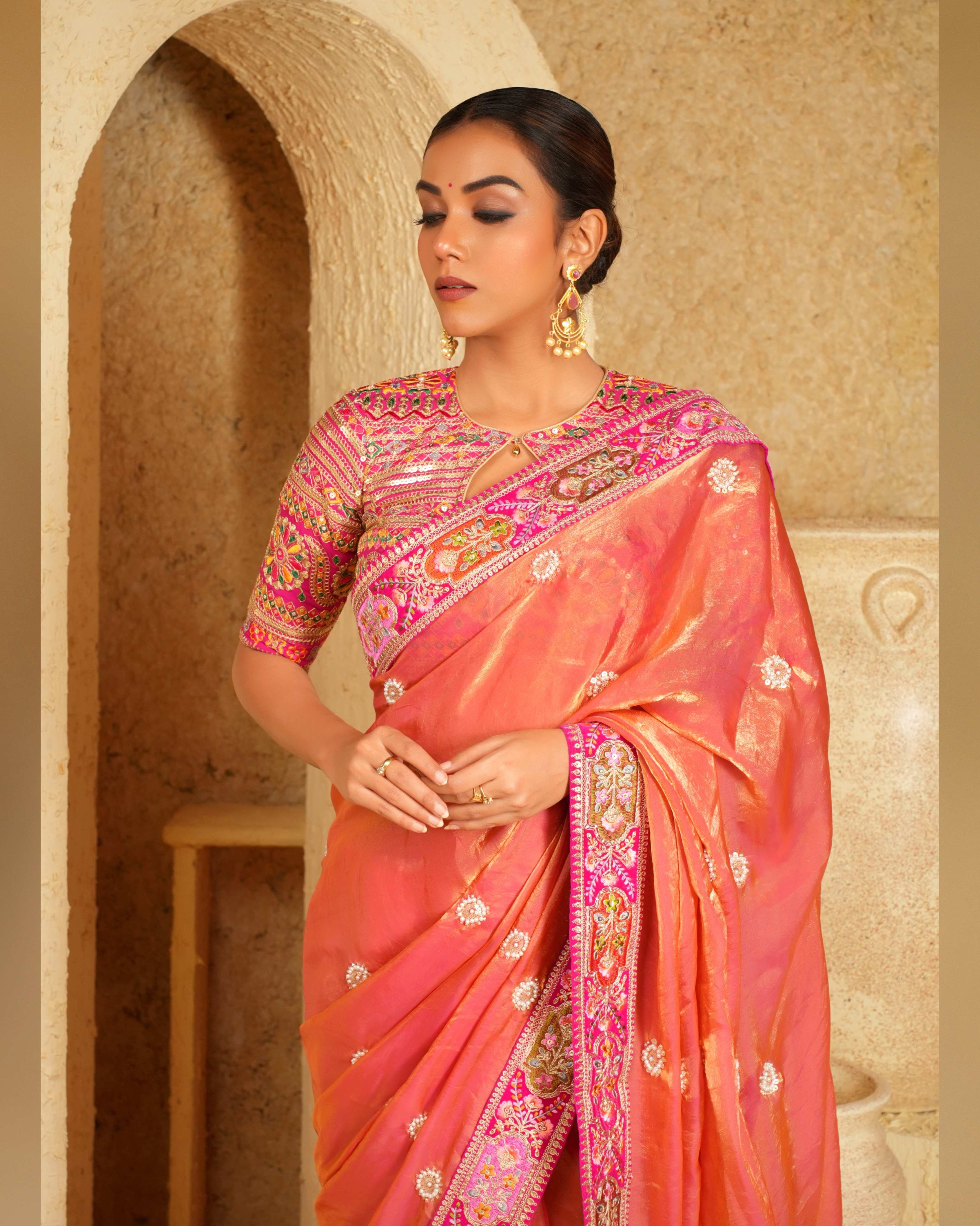 Coral Charisma Saree With Raspberry Romance Blouse