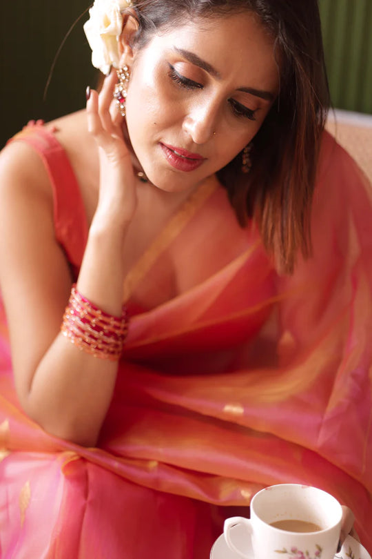Coral Pink Dual Tone Chanderi Organza Silk Saree with Jhumka Zari Motifs