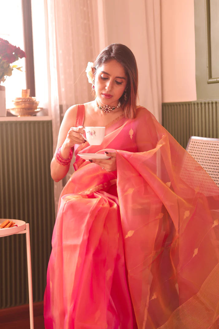 Coral Pink Dual Tone Chanderi Organza Silk Saree with Jhumka Zari Motifs