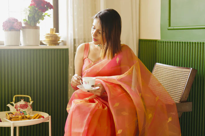 Coral Pink Dual Tone Chanderi Organza Silk Saree with Jhumka Zari Motifs