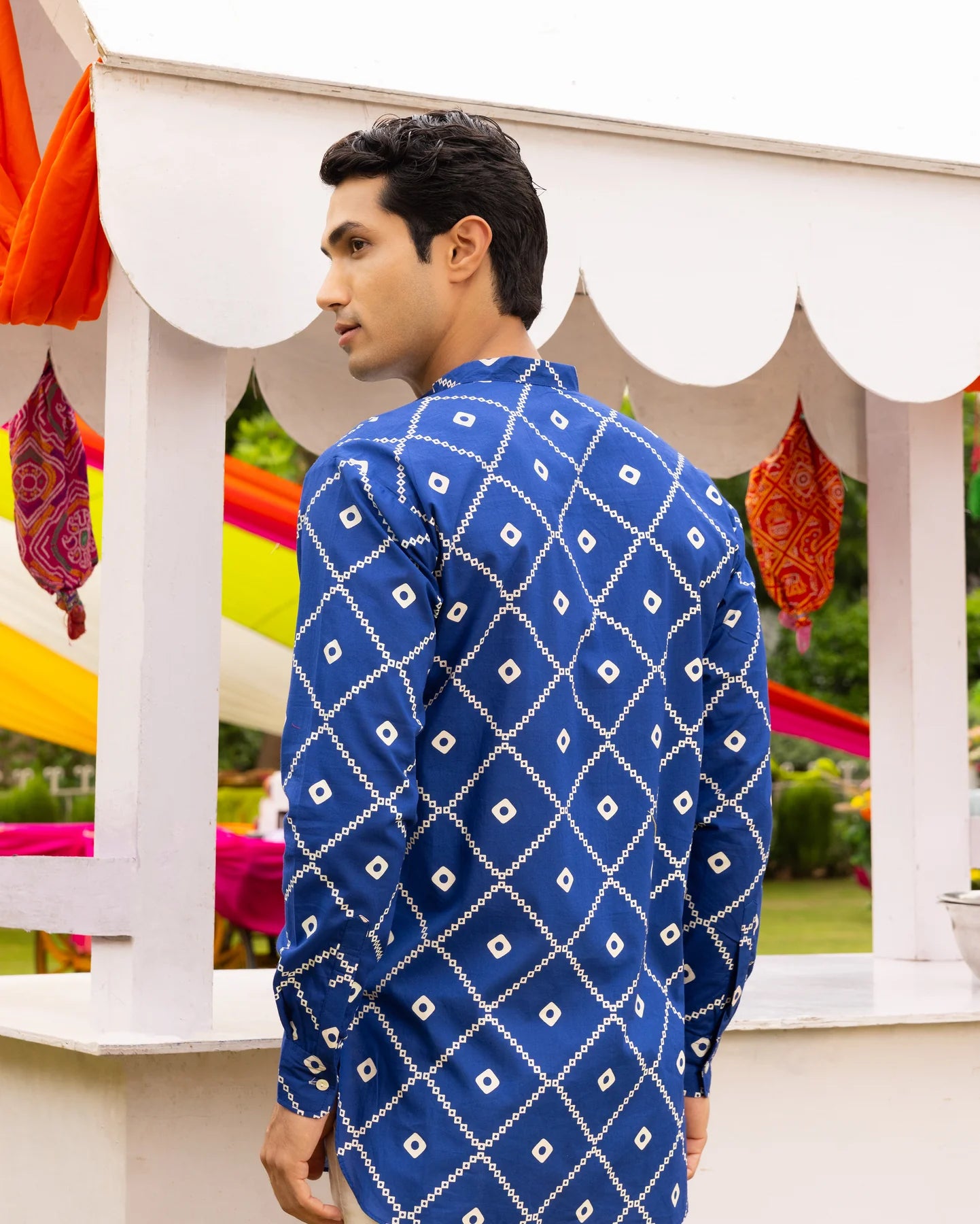 Cotton Blue Bandhani Printed Kurta Mens