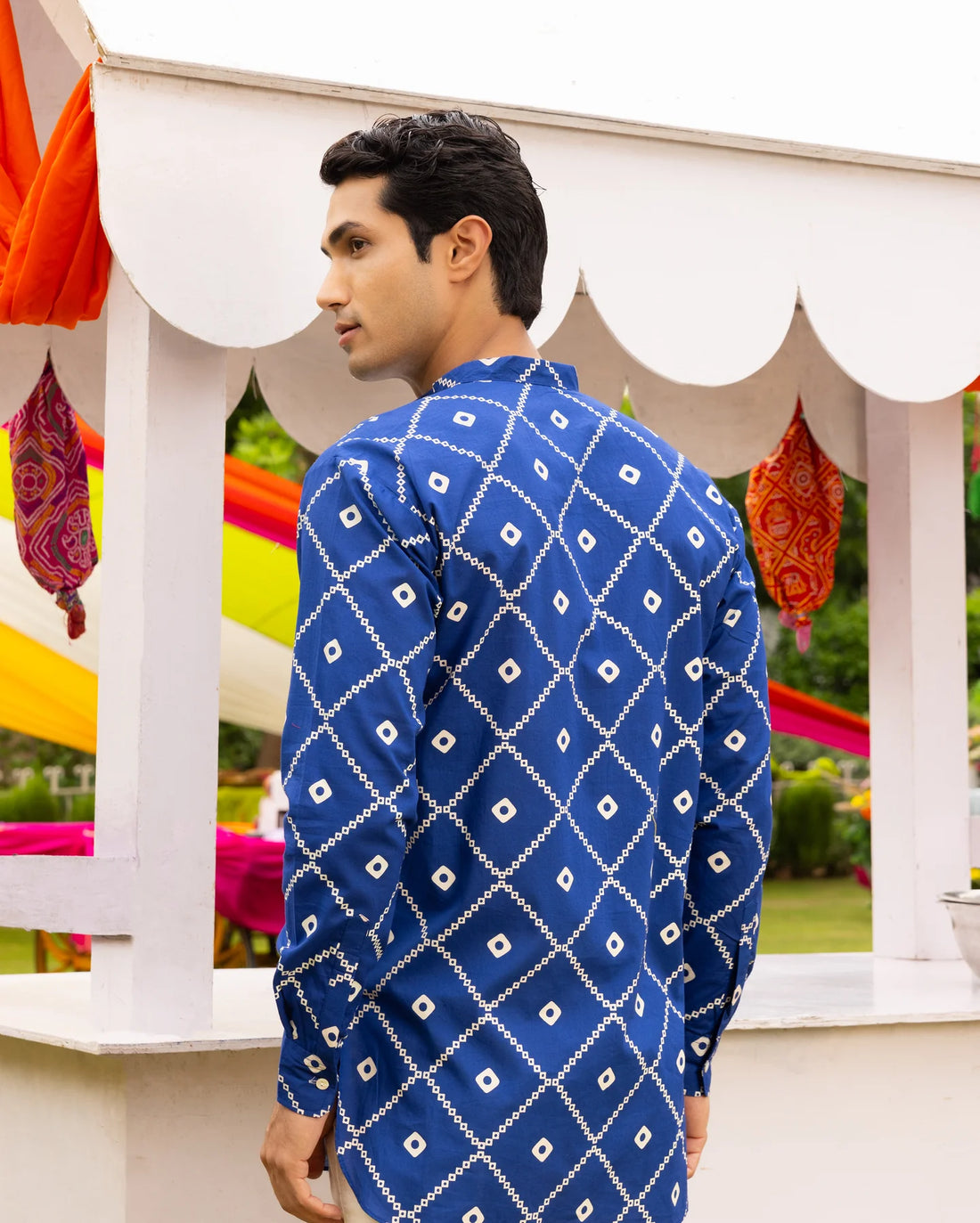 Cotton Blue Bandhani Printed Kurta Mens