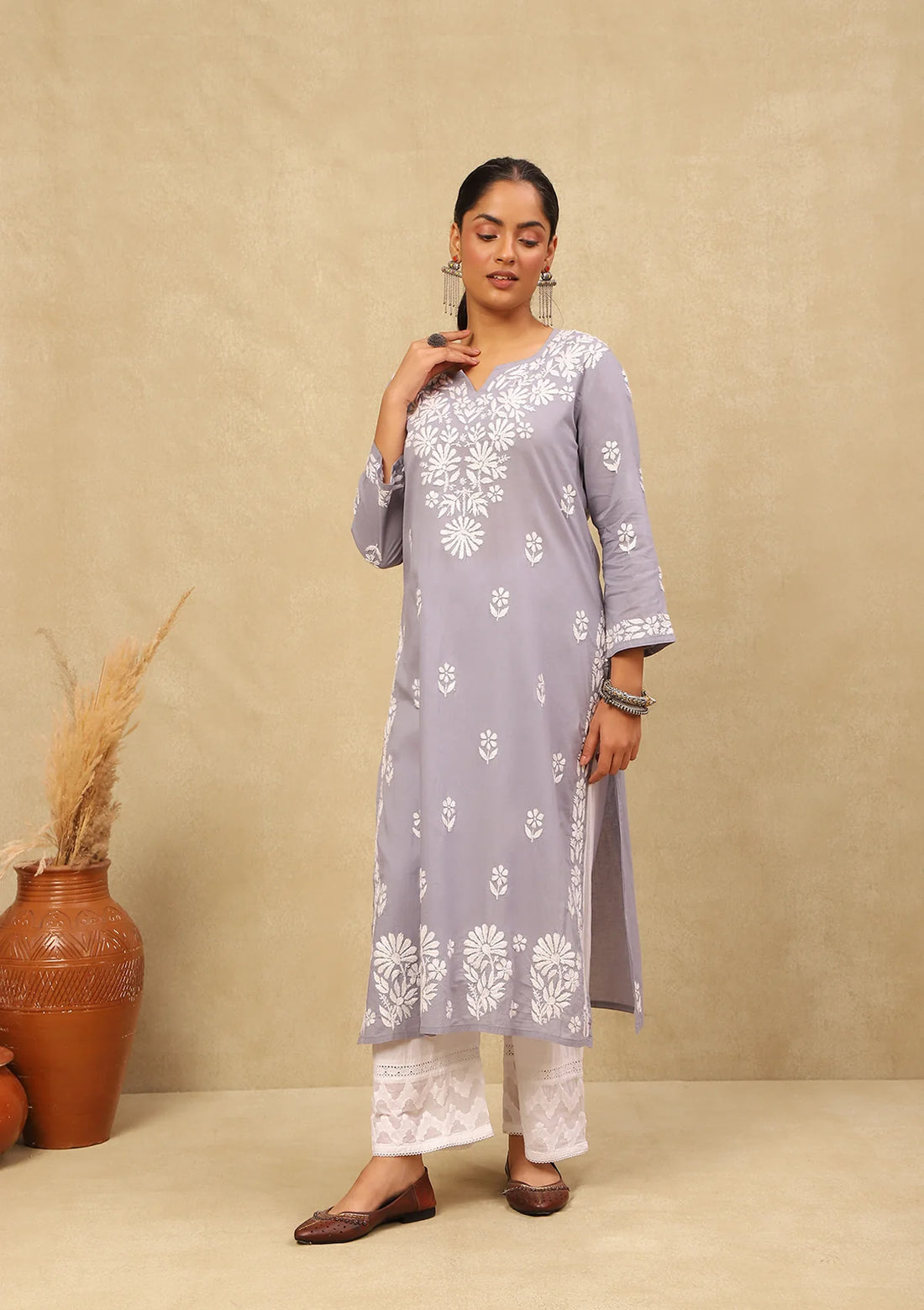 Cotton Chikankari Straight Long Kurta