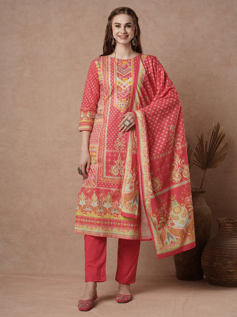 Cotton Red Floral Embroidered Kurta Set