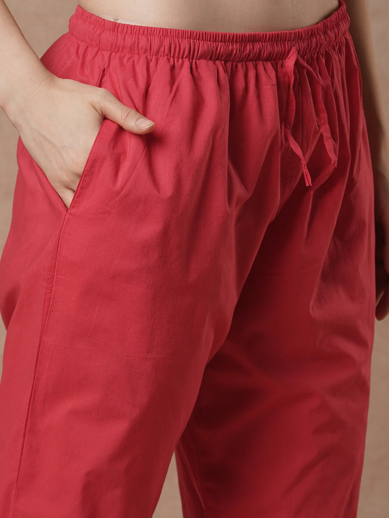 Cotton Red Floral Embroidered Kurta Set