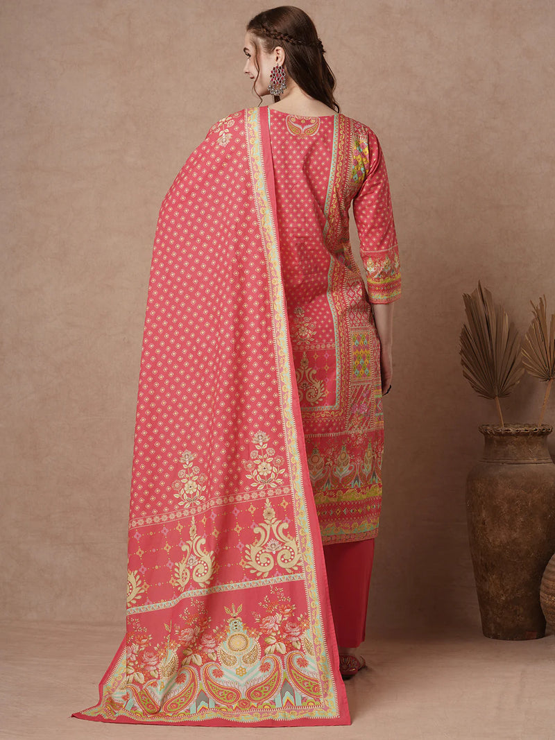 Cotton Red Floral Embroidered Kurta Set