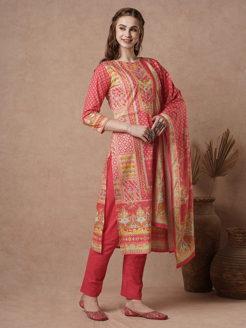 Cotton Red Floral Embroidered Kurta Set