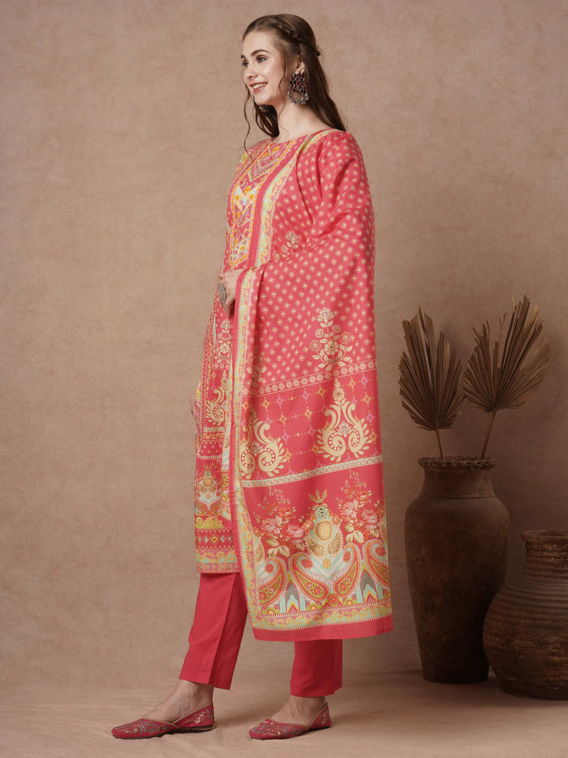 Cotton Red Floral Embroidered Kurta Set
