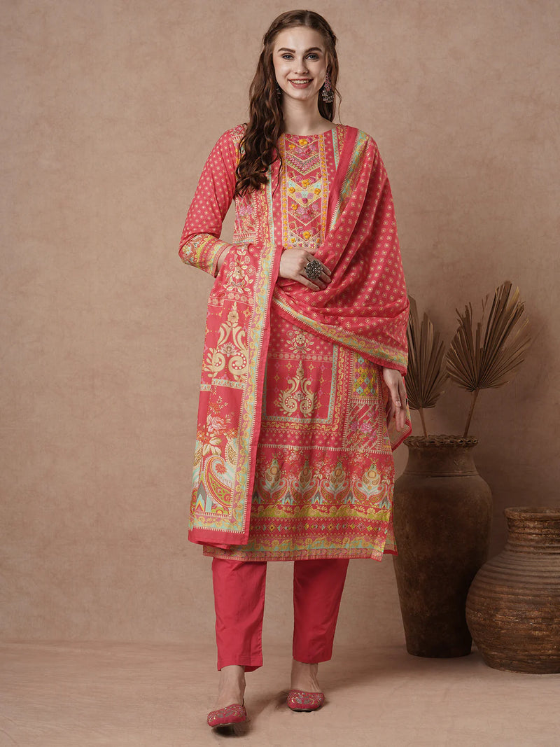 Cotton Red Floral Embroidered Kurta Set