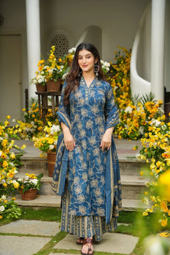 Cotton Blue Printed Kurta Dupatta Set