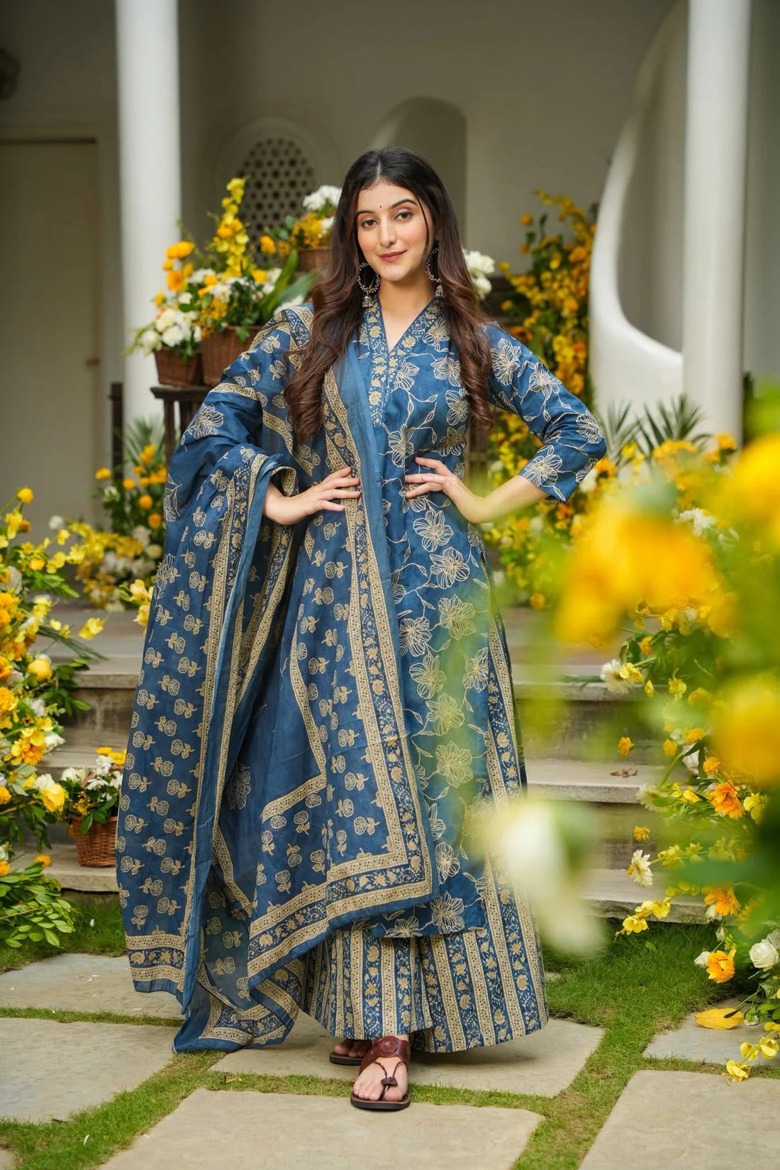 Cotton Blue Printed Kurta Dupatta Set