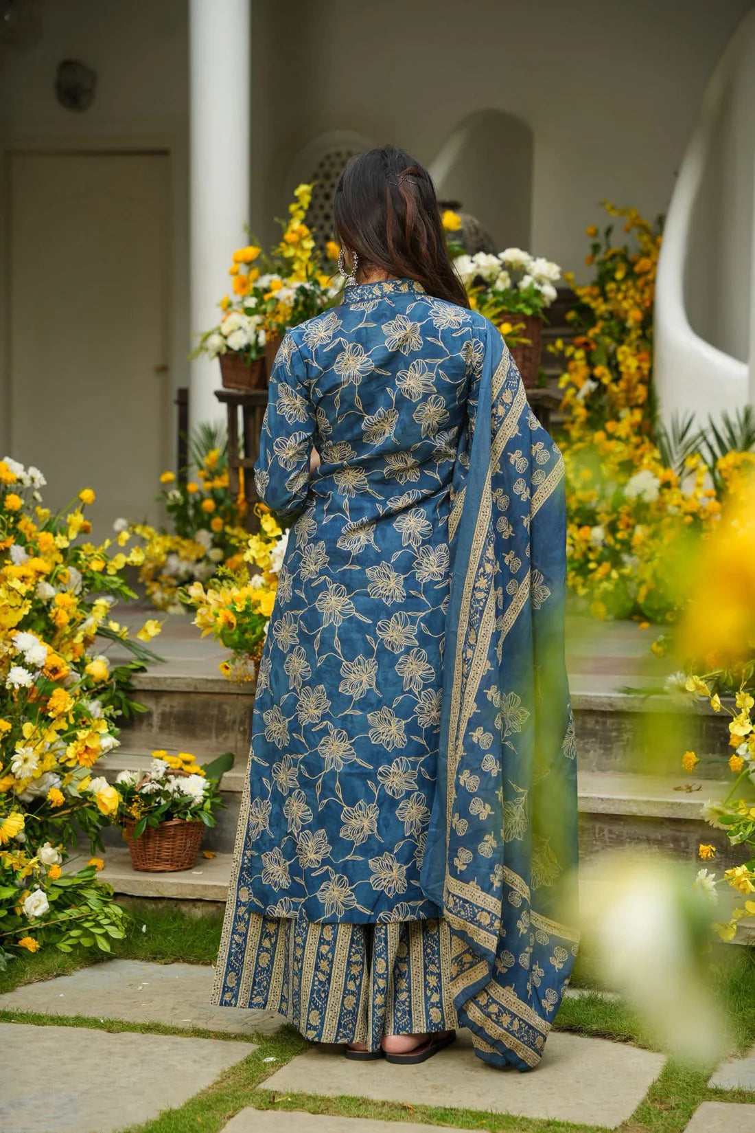 Cotton Blue Printed Kurta Dupatta Set