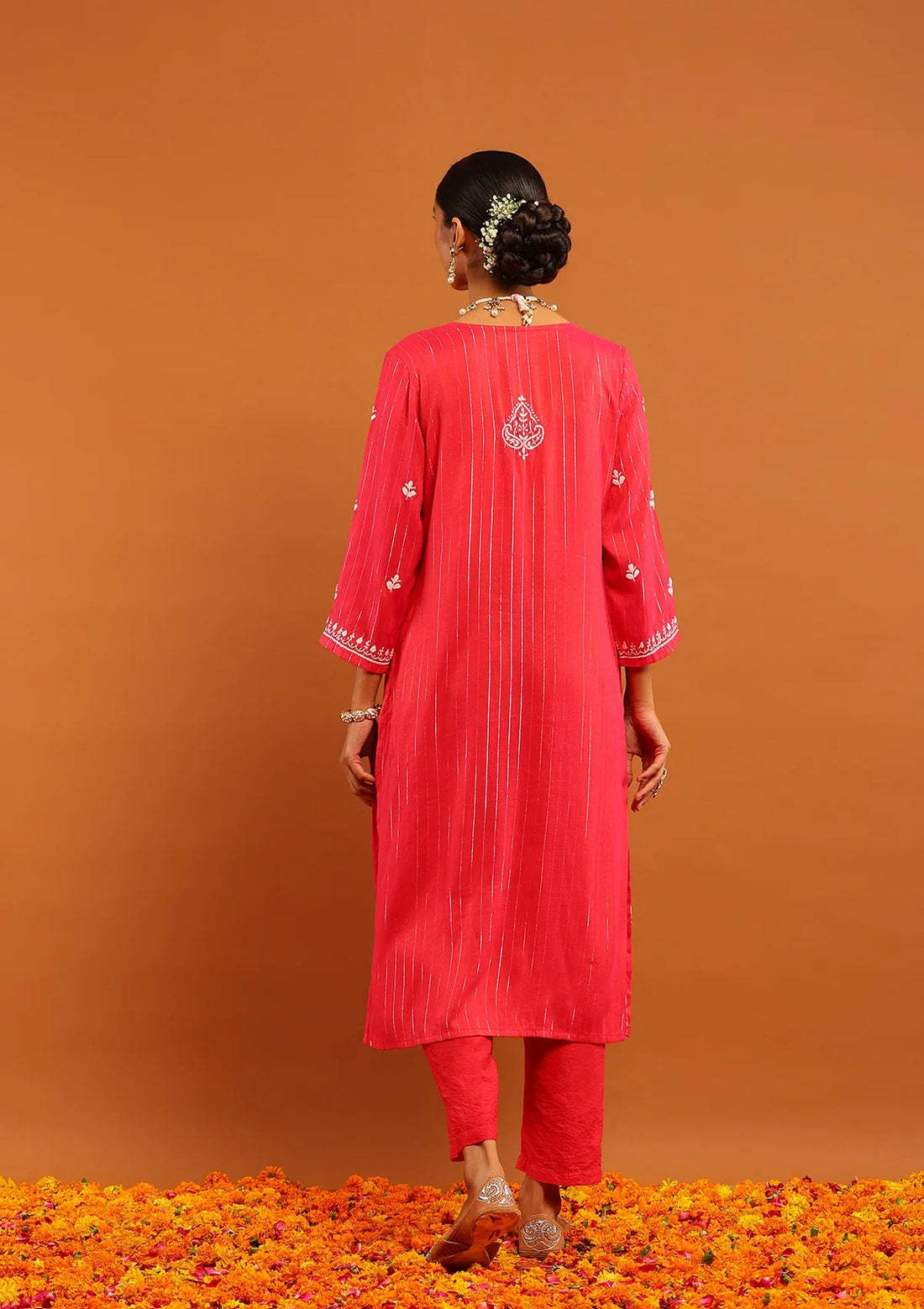 Cotton Lurex Red Chikankari Long Kurta