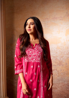 Cotton Lurex Red Chikankari Long Kurta