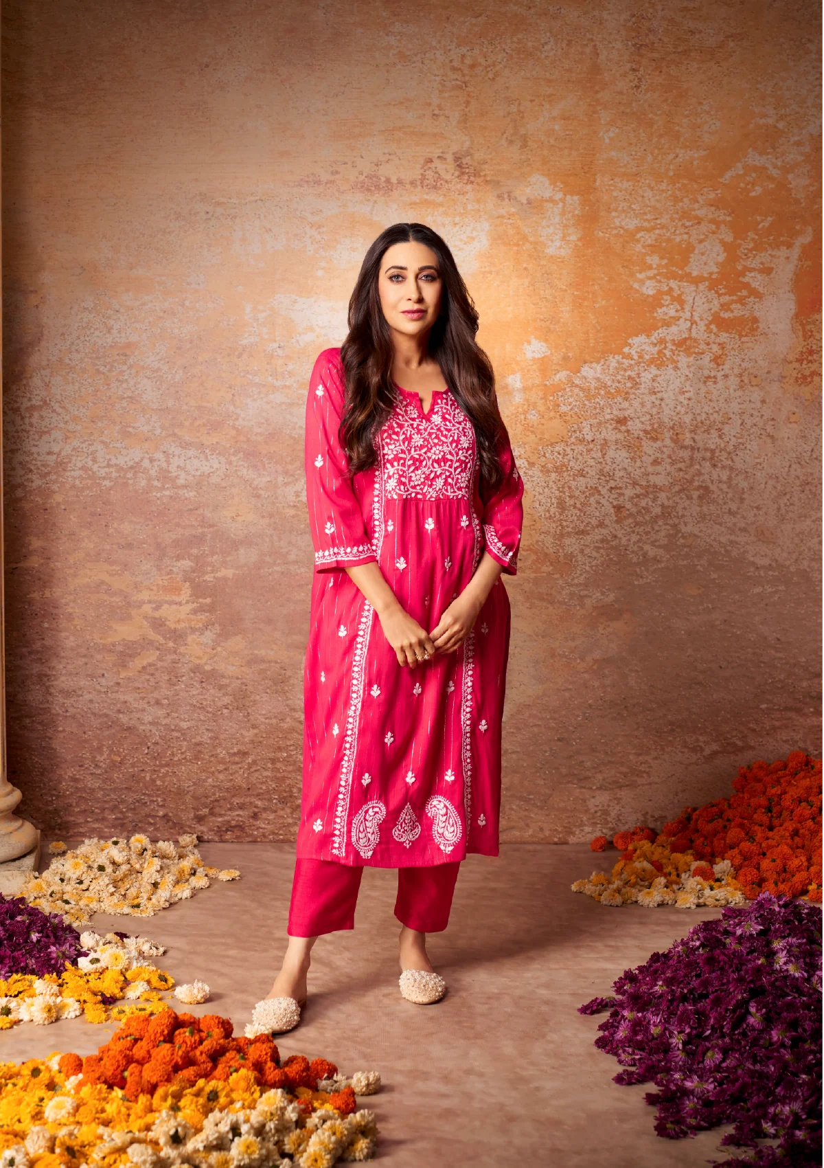 Cotton Lurex Red Chikankari Long Kurta