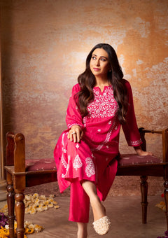 Cotton Lurex Red Chikankari Long Kurta