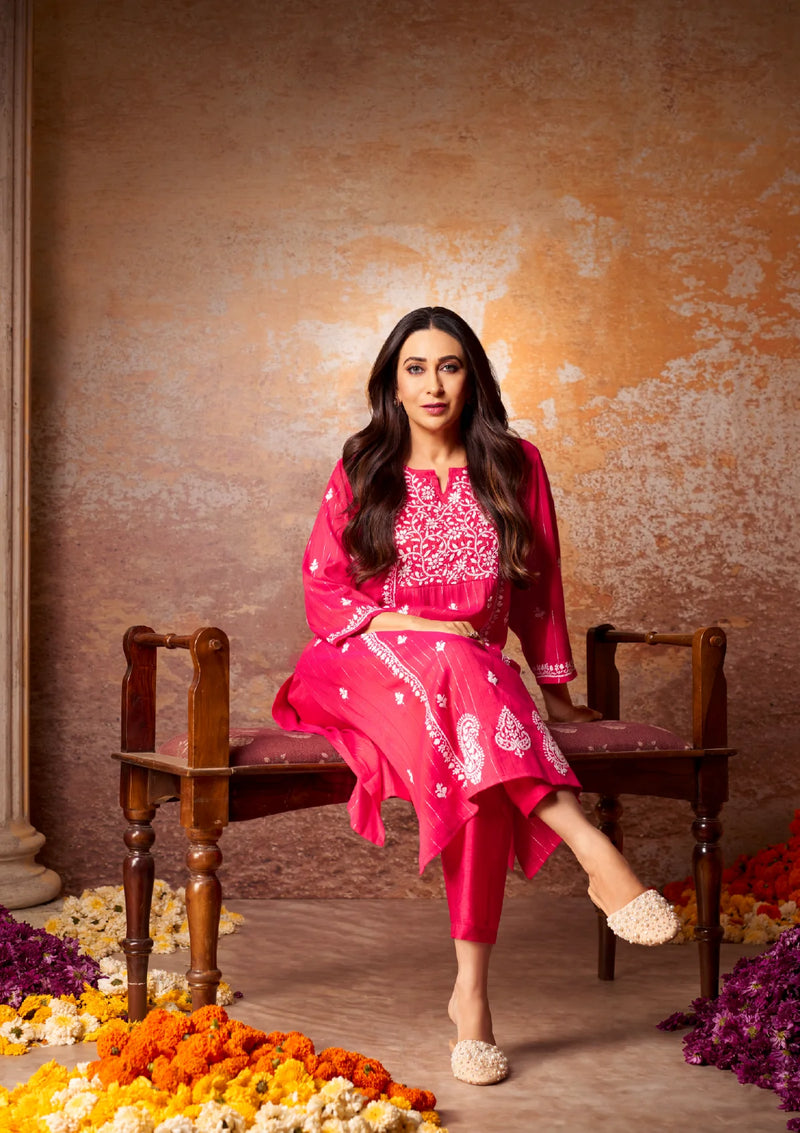 Cotton Lurex Red Chikankari Long Kurta