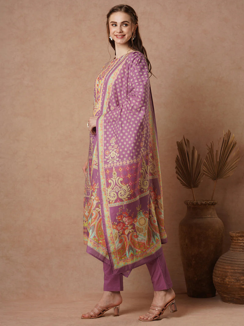 Cotton Red Floral Embroidered Kurta Set