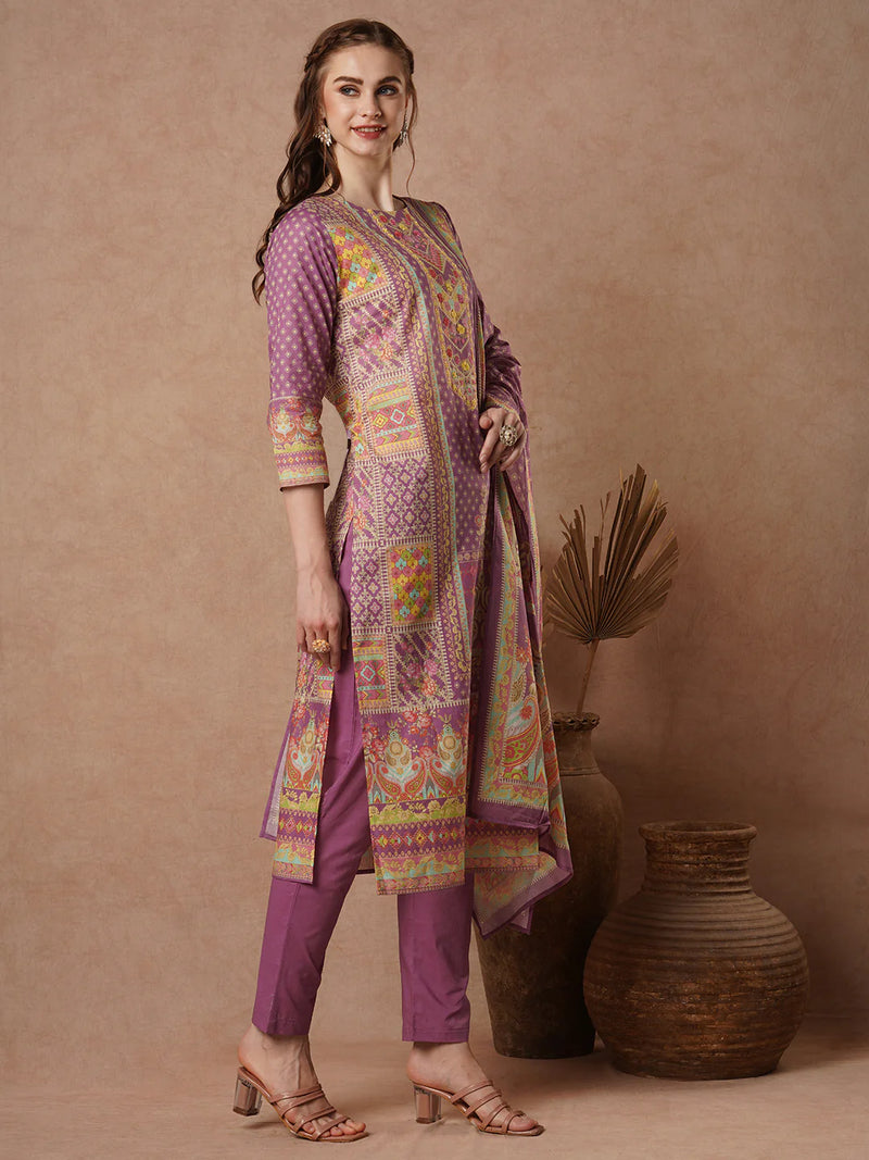 Cotton Red Floral Embroidered Kurta Set