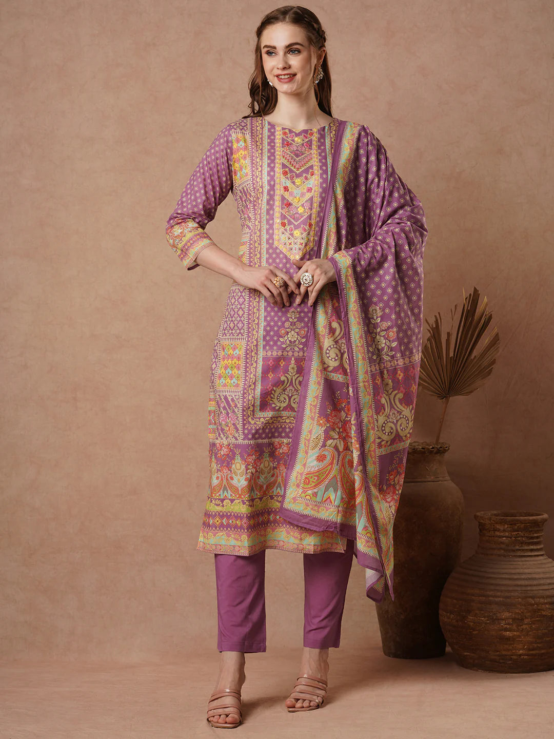 Cotton Red Floral Embroidered Kurta Set