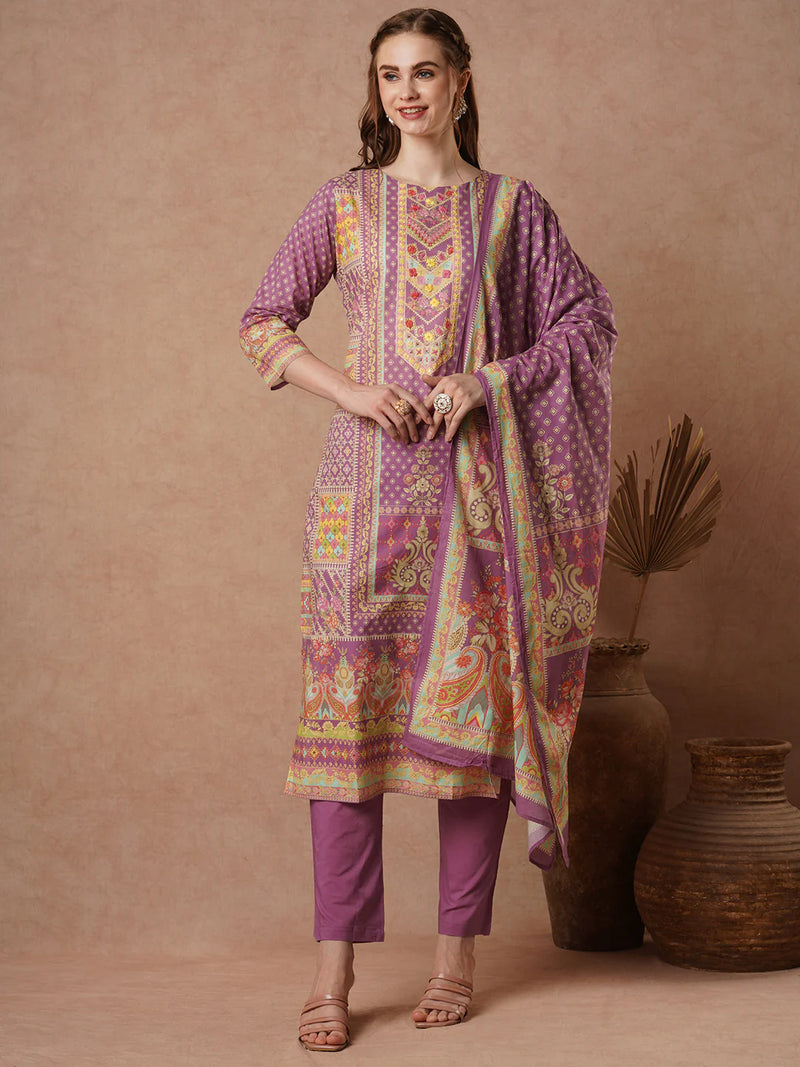 Cotton Red Floral Embroidered Kurta Set