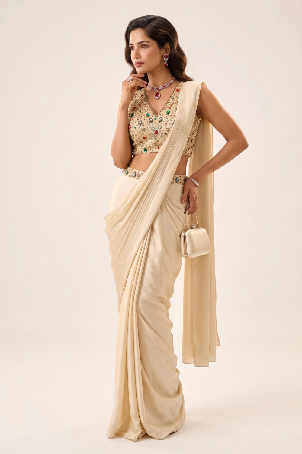 Kashvi Pearl Embellished Pre-Draped Saree Set