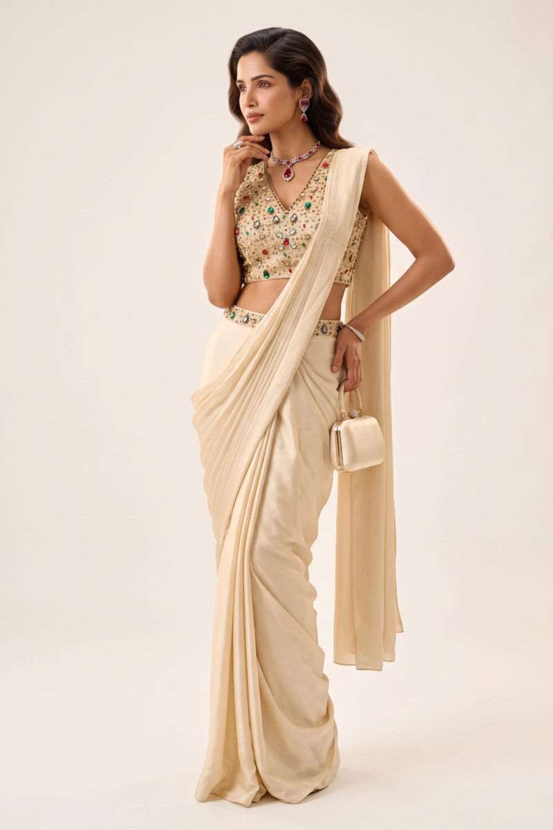 Kashvi Pearl Embellished Pre-Draped Saree Set