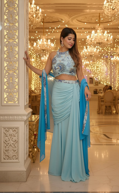 Pastel Blue Indo-Western Draped Skirt Set with Embroidered Halter Crop Top & Cape Dupatta