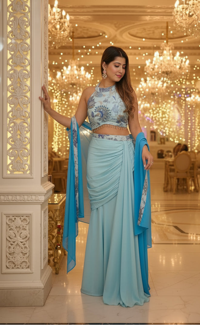 Pastel Blue Indo-Western Draped Skirt Set with Embroidered Halter Crop Top & Cape Dupatta
